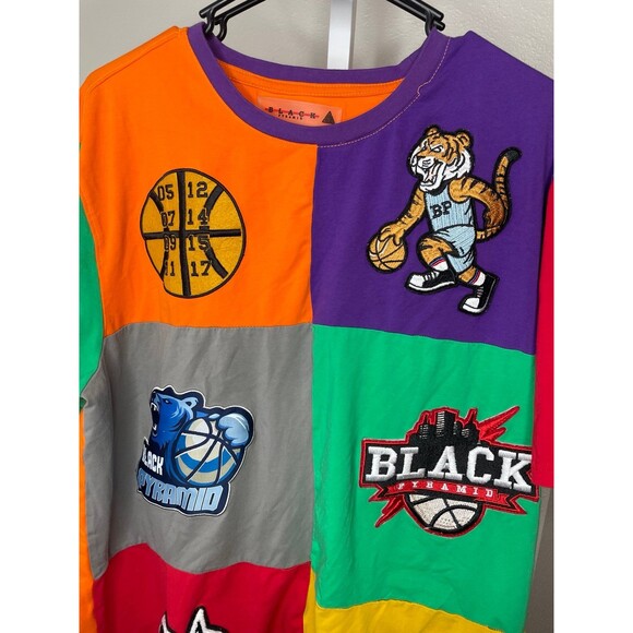 Black Pyramid XXL Patchwork Graphic Tee Multicolor Basketball Streetwear Shirt - Picture 4 of 8